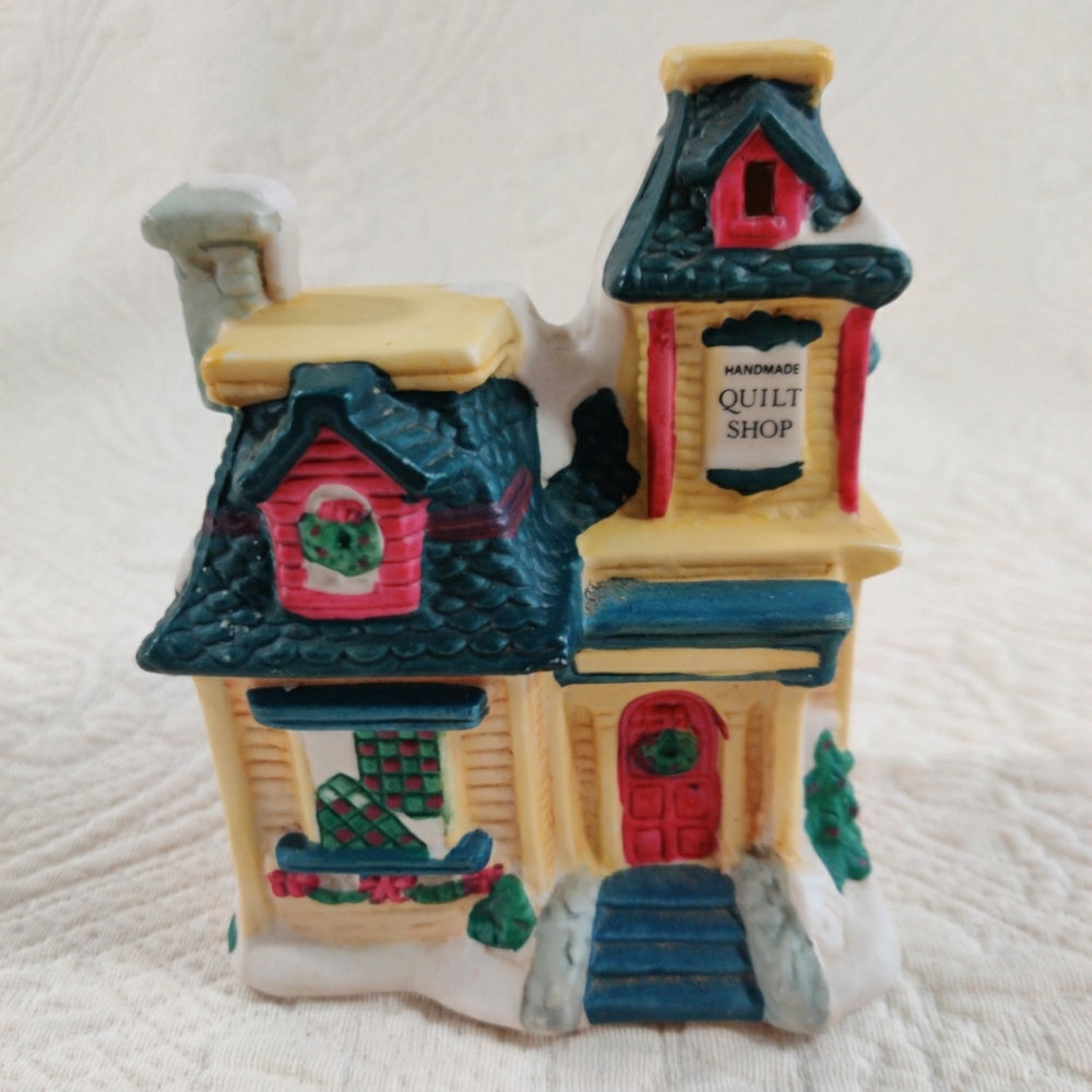 L.R. Dickens Collectables Christmas Village Handmade Quilt Shop Building